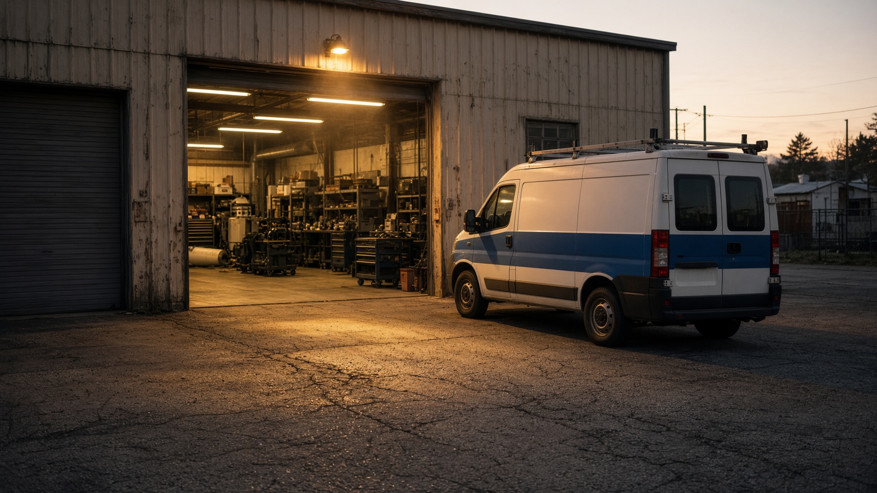 Open service bay at late light.