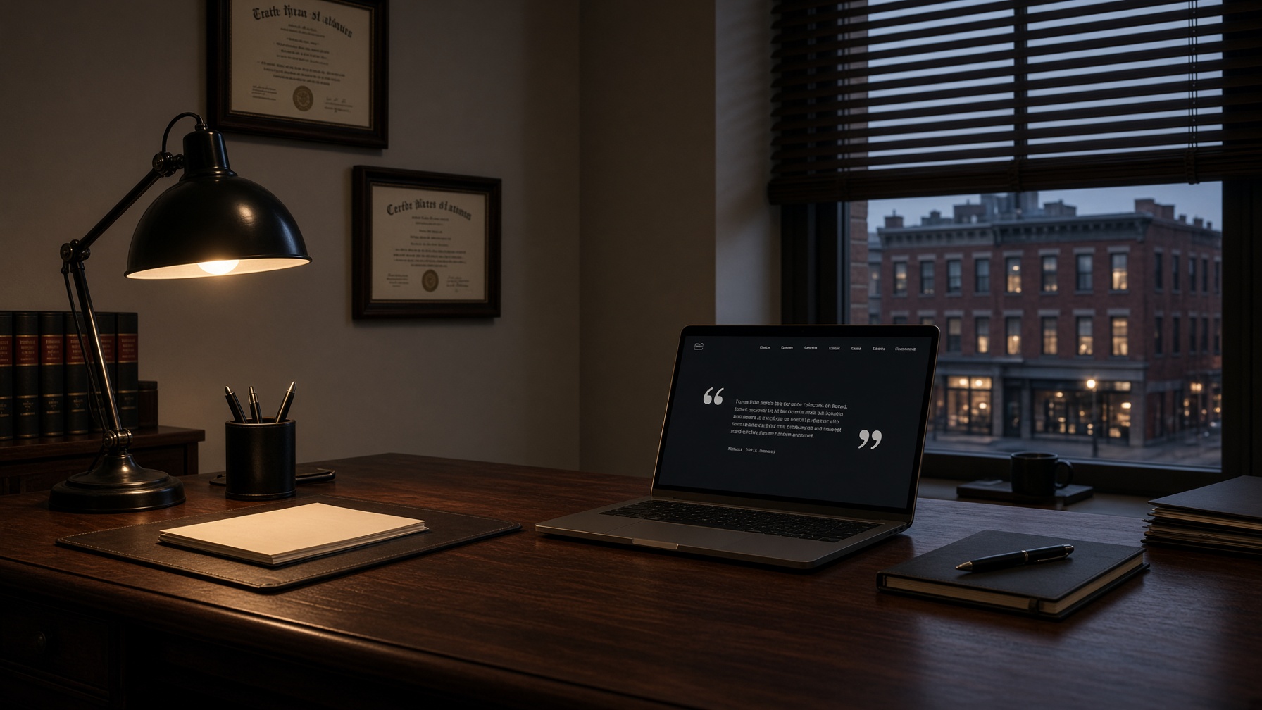 Law office desk at evening.