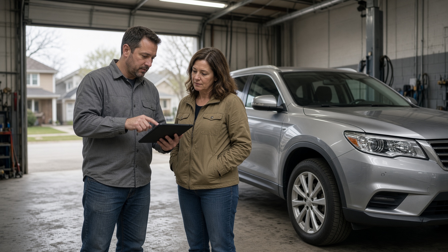 Auto technician walking a driver through an estimate on a tablet beside an SUV in a daytime bay.