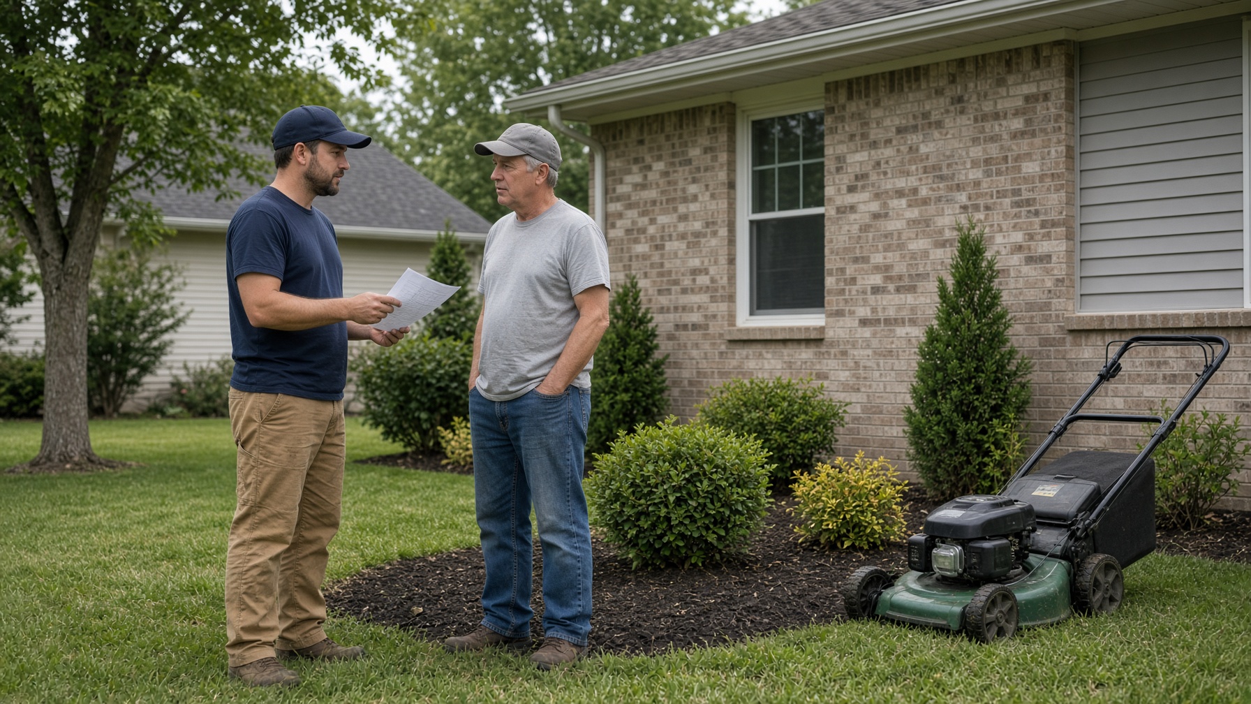 Landscaper reviewing a plan with a homeowner in a midday suburban front yard.