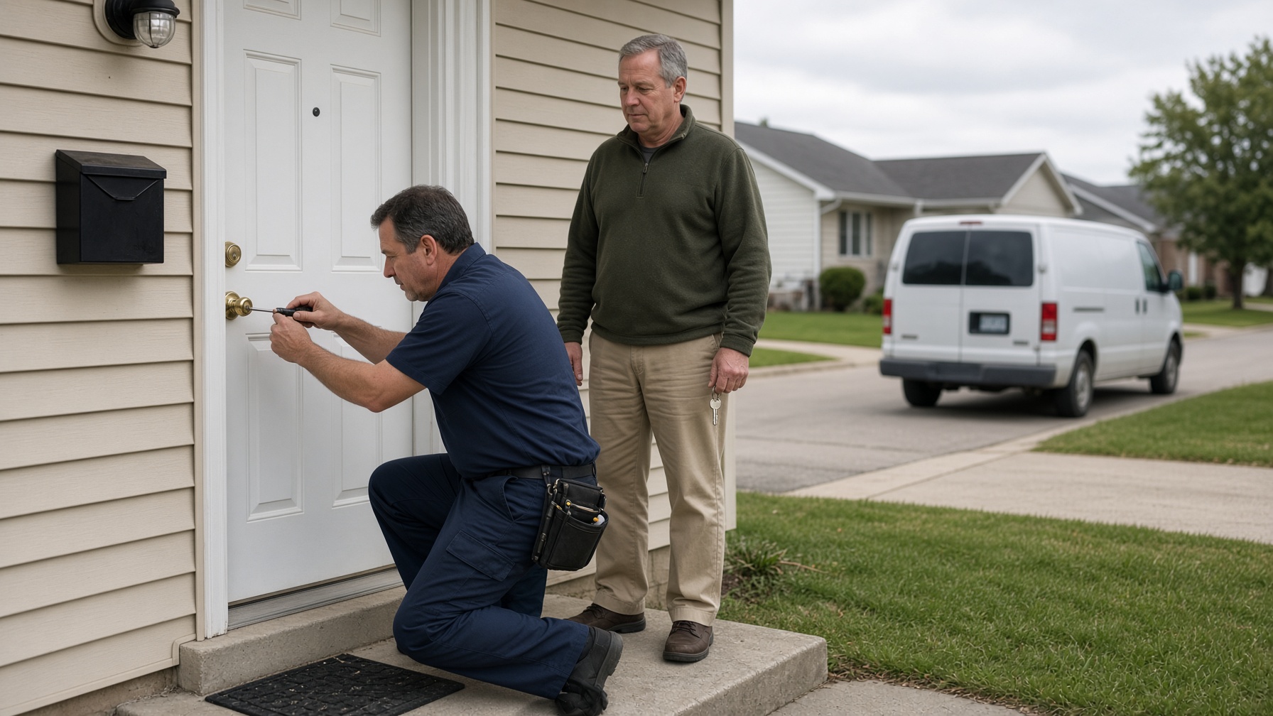 Locksmith working a front-door lock while the homeowner stands on the stoop.