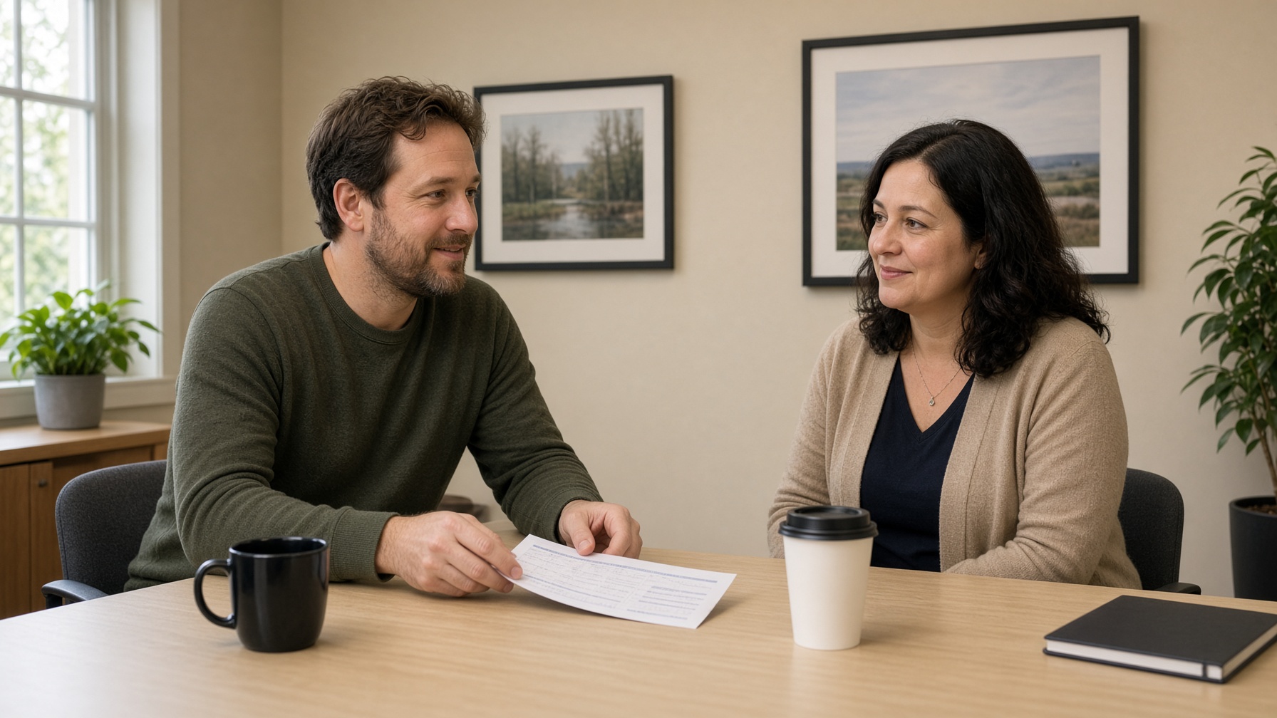 Two people at a quiet office table as a page is handed across.